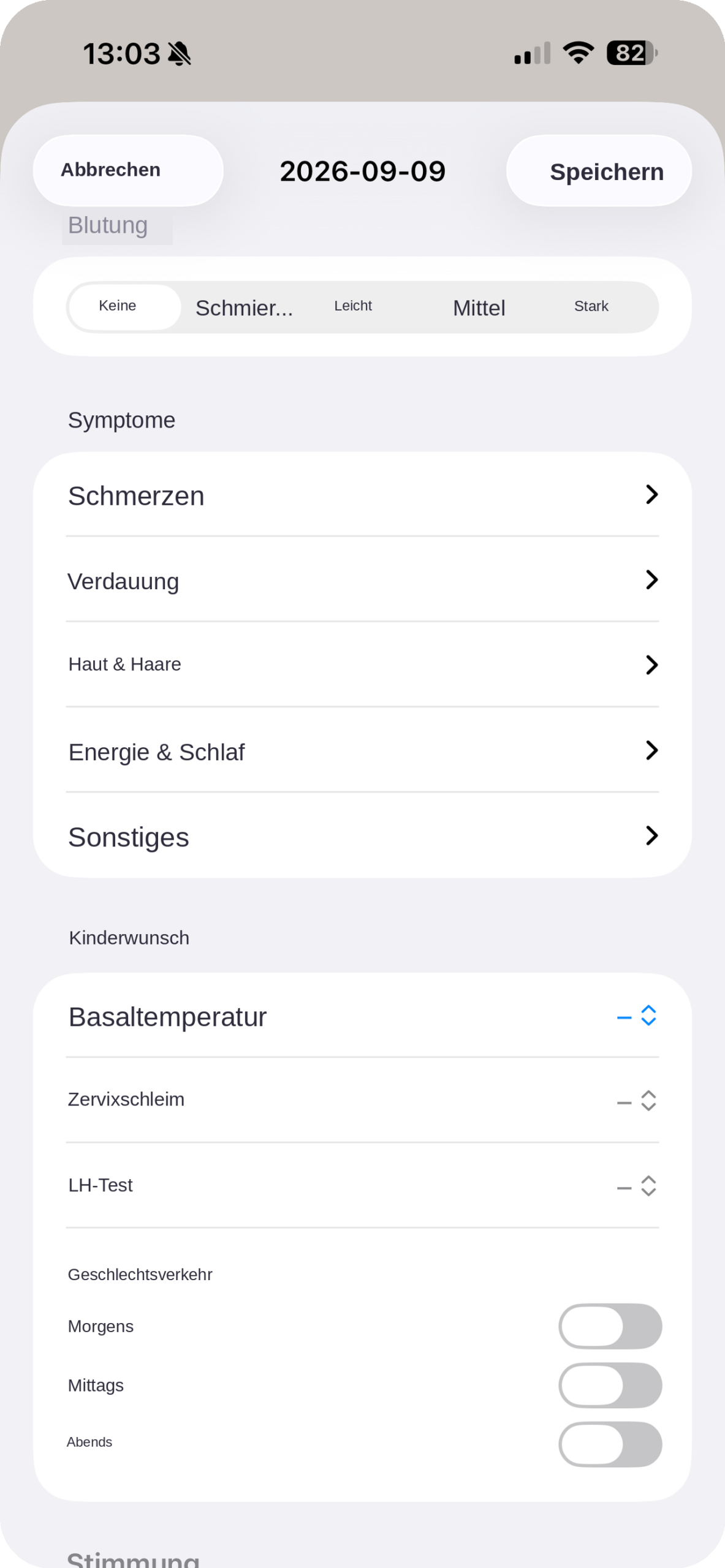 Dateneingabe: Blutung, Symptome, Kinderwunsch-Werte