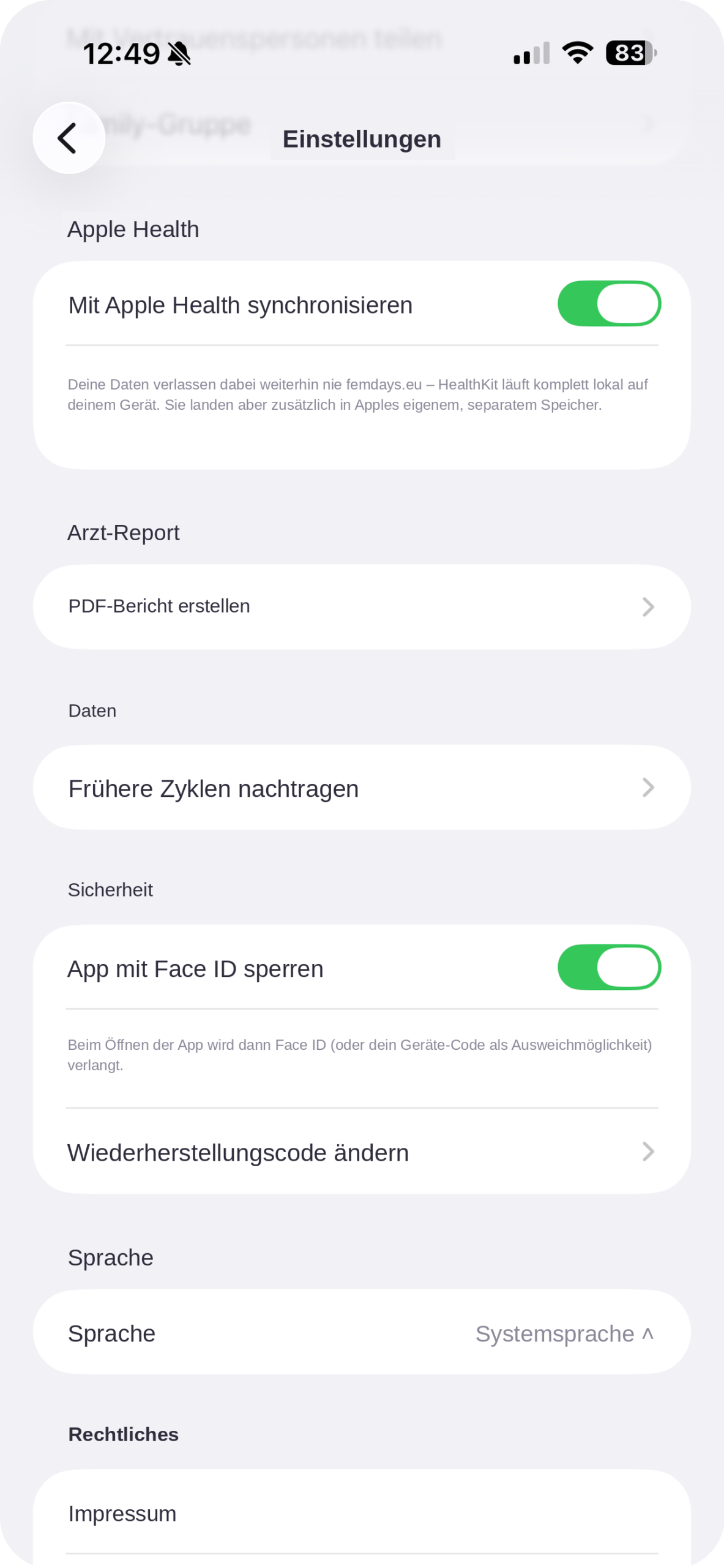 Einstellungen: Apple Health, Face ID, Sicherheit