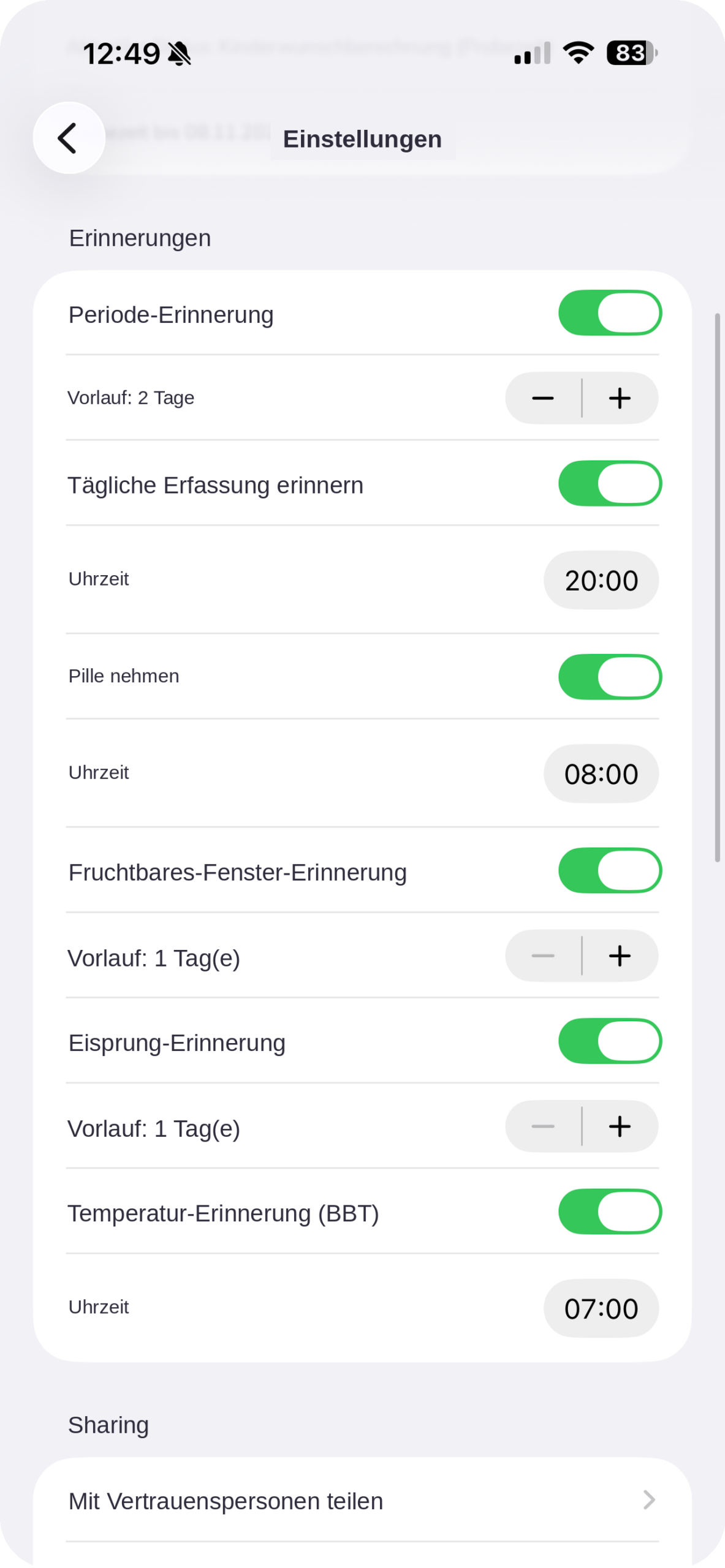 Einstellbare Erinnerungen für Periode, Pille und Temperatur